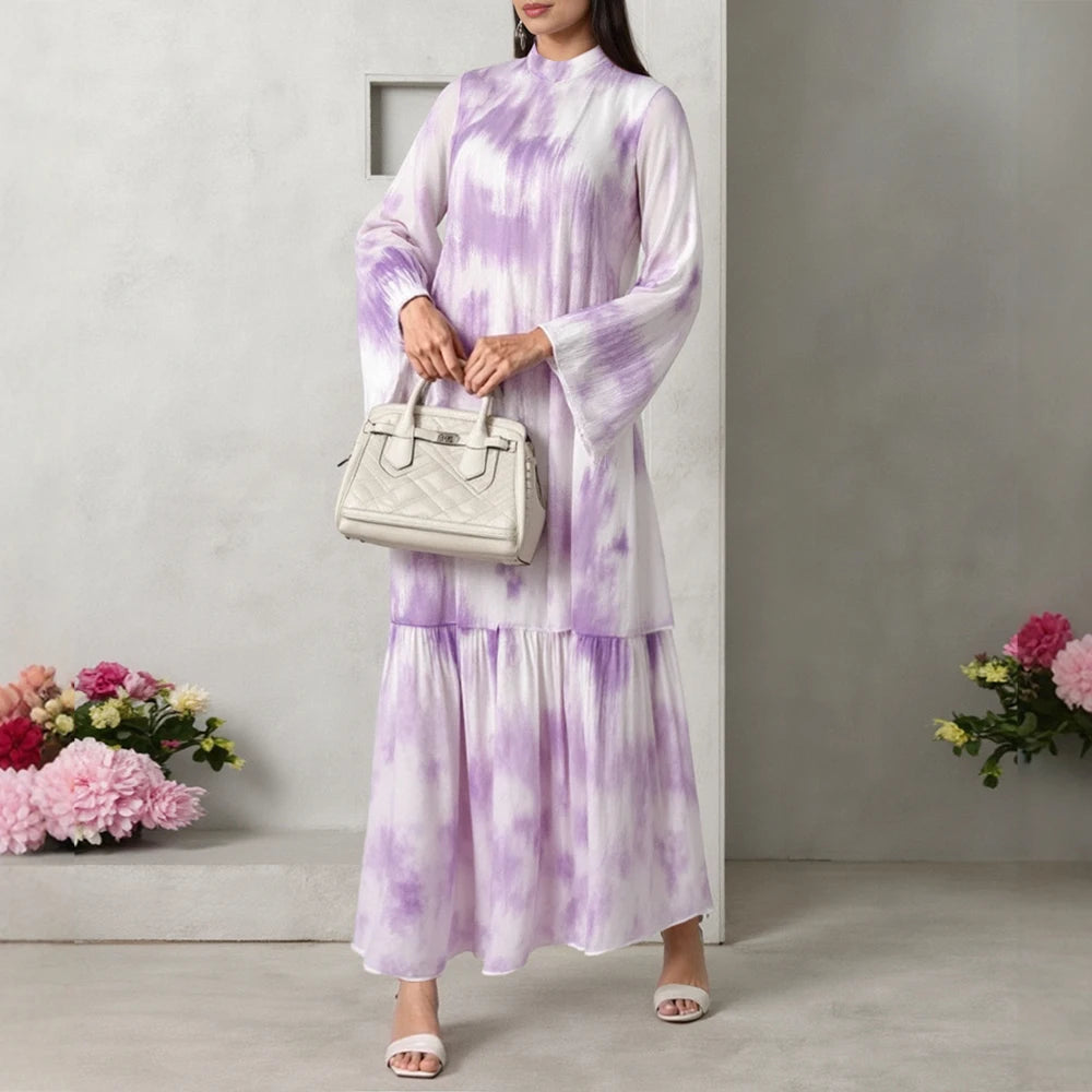 Rafiah Autumn Women's Arabian Dress 2025 Elegant Basics Contrast Color Long Sleeve Round-Neck Ruffle Hem Long Dress