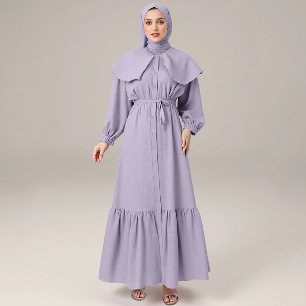 Rafiah Summer Long Dresses 2025 Traditional Solid Color Single Breasted Long Sleeve Crew Neck Midi Casual Dresses For Women