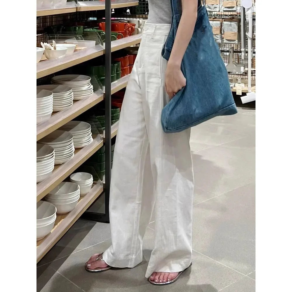 Ele White Cotton Linen Wide Leg Pants Women Summer High Waist Draped Loose Slim Straight Casual Thin Pants