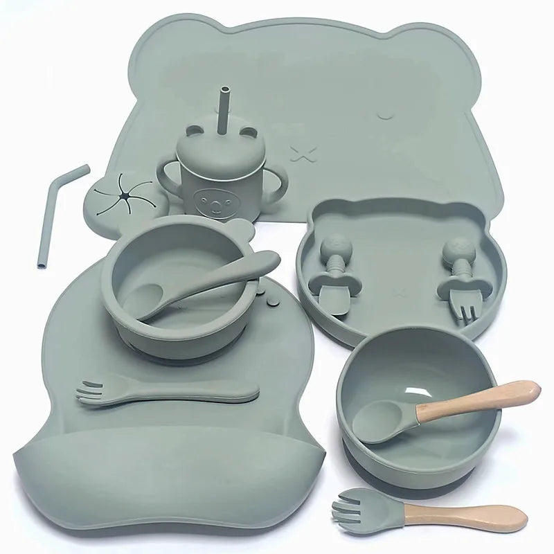 14pcs Silicone Baby Tableware Set Food Children Supplementary Bowl Baby Dinner Plate Fork Spoon Bib Non-slip Bowl Drop-proof Bow