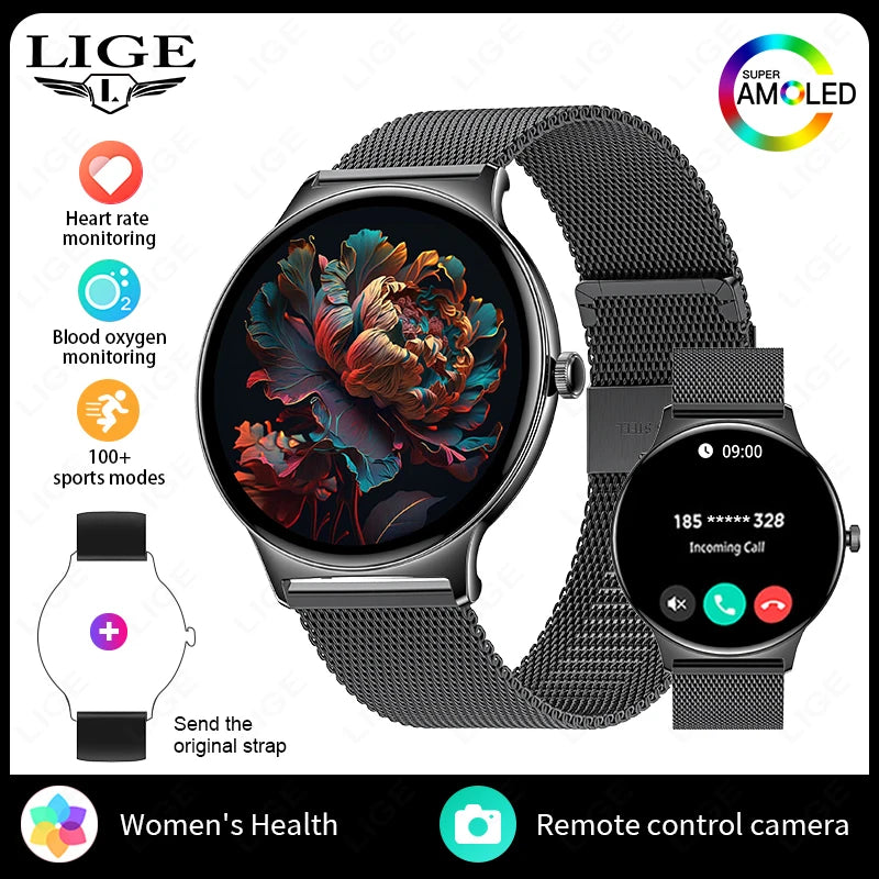 LIGE New 1.43" Bluetooth Call Smartwatch Women Men 466*466   AMOLED Full touch Screen Women Smartwatches Ladies ﻿For Android ios