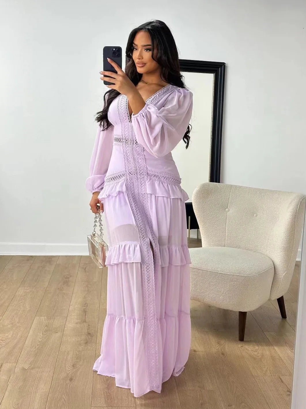 Maxi Dress Ruffles Long Sleeve Hollow Out Evening Dresses Party Chic Robe Green Blue Purple New In Holiday Summer