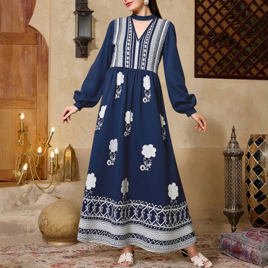 Rafiah Women's Dresses Autumn Winter Elegant Decent 2025 Printing Long Sleeve V-Neck Midi A Line Casual Dresses