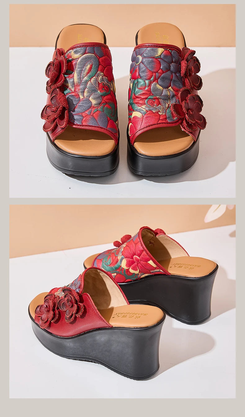 Genuine Leather Women Flower High Heels Wedges Summer Platform Slippers