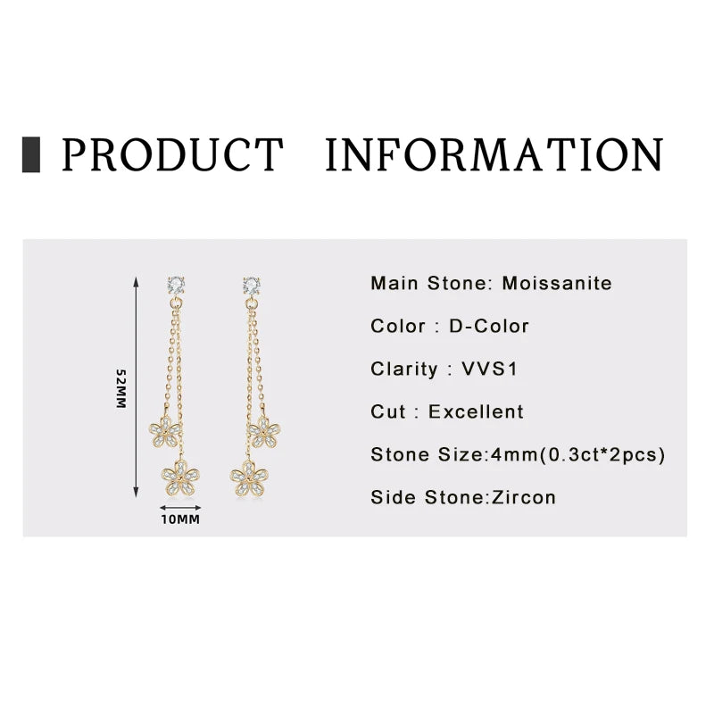 Lnngy Certified D0.30CT Moissanite Flower Earring With GRA Genuine 925 Sterling Silver Tassel Earring For Women Chain Jewelry