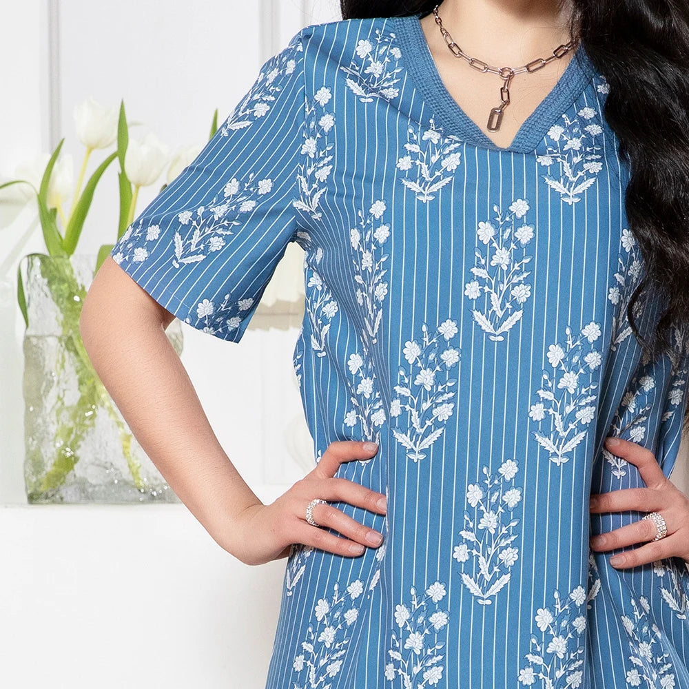 Rafiah Summer Dress 2025 Full Print Stripes Women's Casual Short Sleeve V-Neck A-Line Maxi Dating Arabian Dress