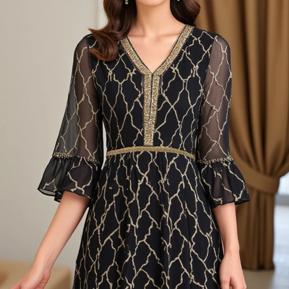 Rafiah Summer Women's Arabian Dresses 2025 Traditional Luxurious Checked Print Appliques Short Sleeve V-Neck Evening Dresses