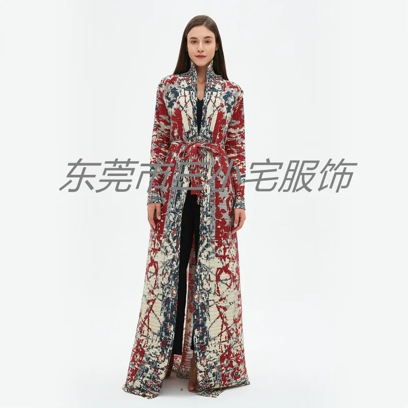 KAF Pleated Women Loose Plus Size Trench Coat 2024 Autumn New Vintage Printed Cardigan Design Arab Female Luxury Abaya