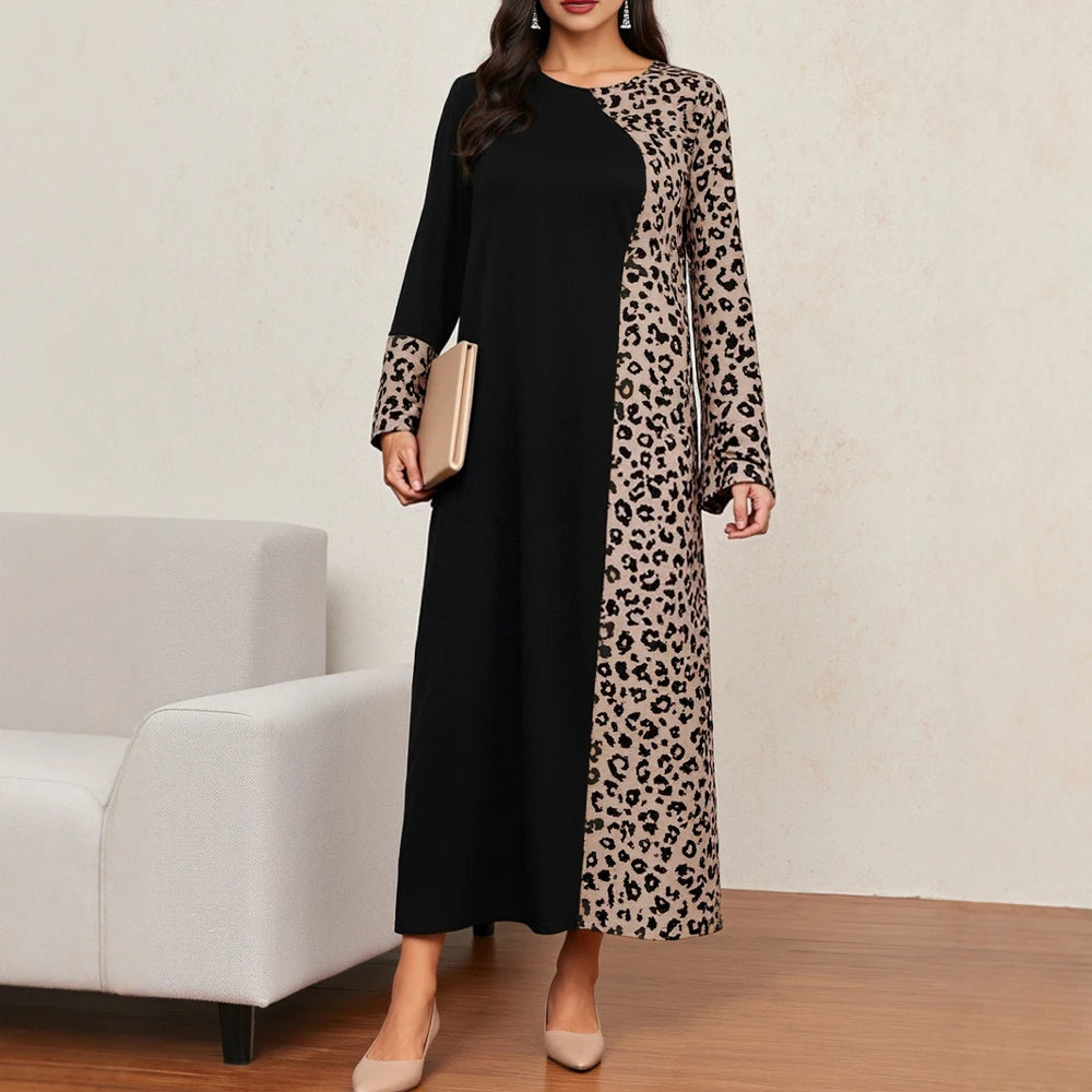 Rafiah Summer Long Dresses 2025 Modest Fashion Leopard Print Patchwork Long Sleeve Crew Neck Midi Shift Dresses For Women