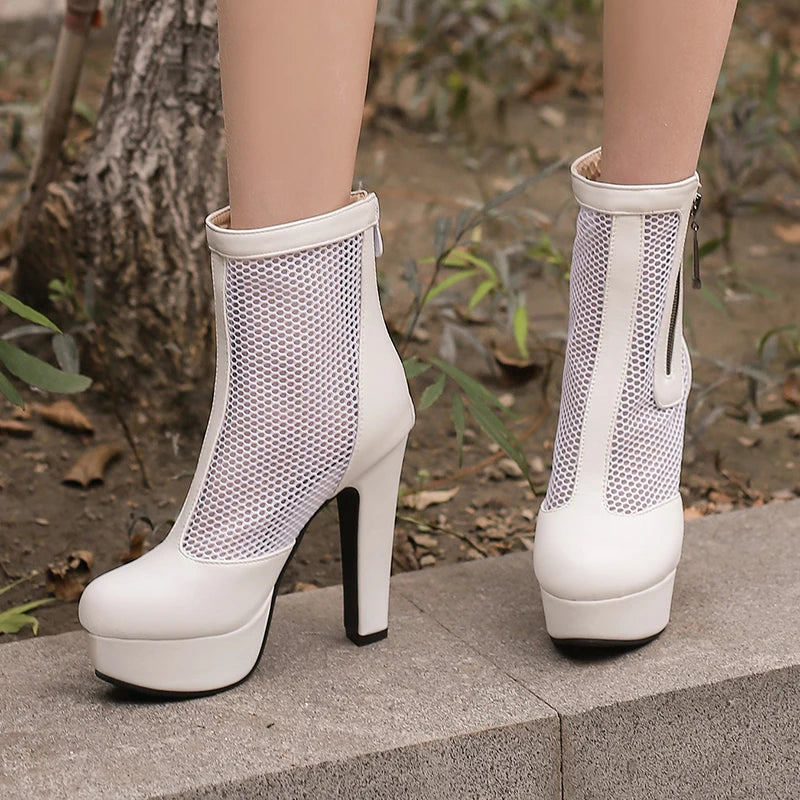 Women’s Summer Ankle Boots – Handmade Mesh + PU Leather – Closed Toe – Platform High Heel – Zip Up – Sizes 4.5–18