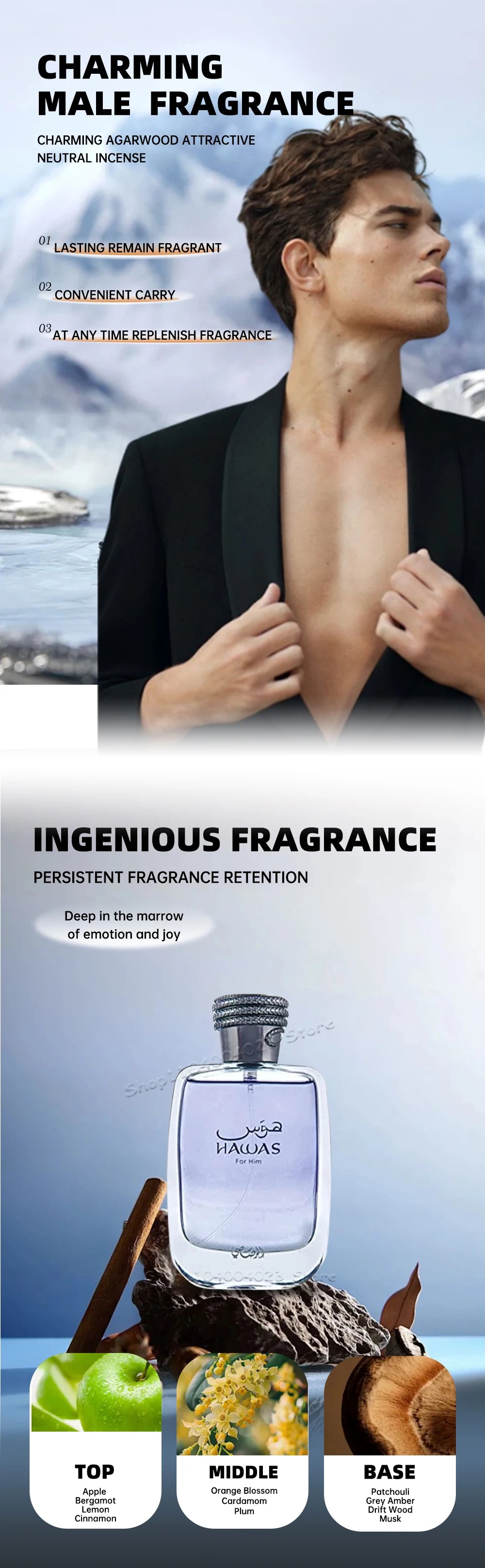 100ML Rasasi Hawas For Him EDP Long-Lasting Aquatic Scent Pour Homme Spray Original Arabic Perfume For Men Marine Aromatic Notes