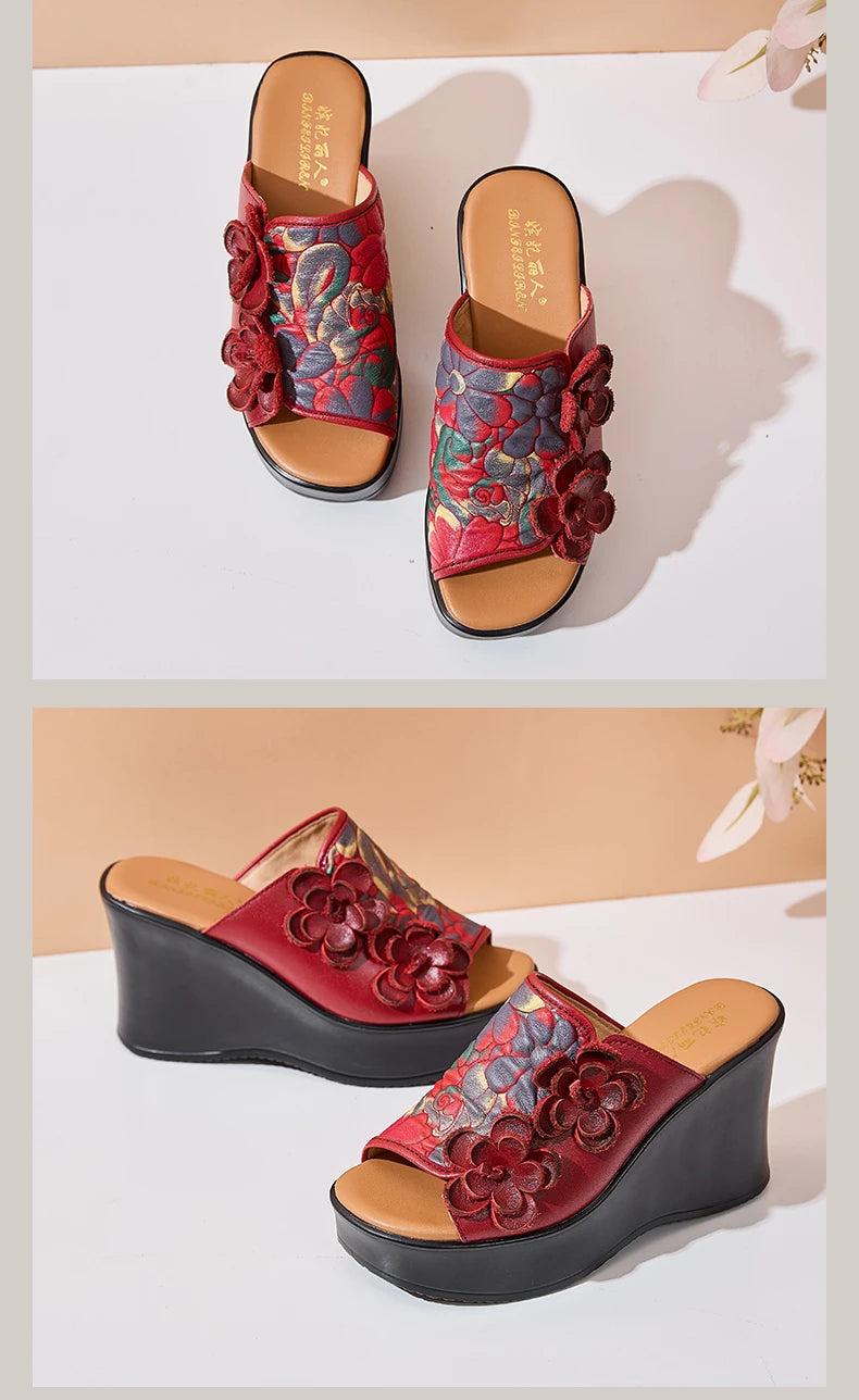 Genuine Leather Women Flower High Heels Wedges Summer Platform Slippers