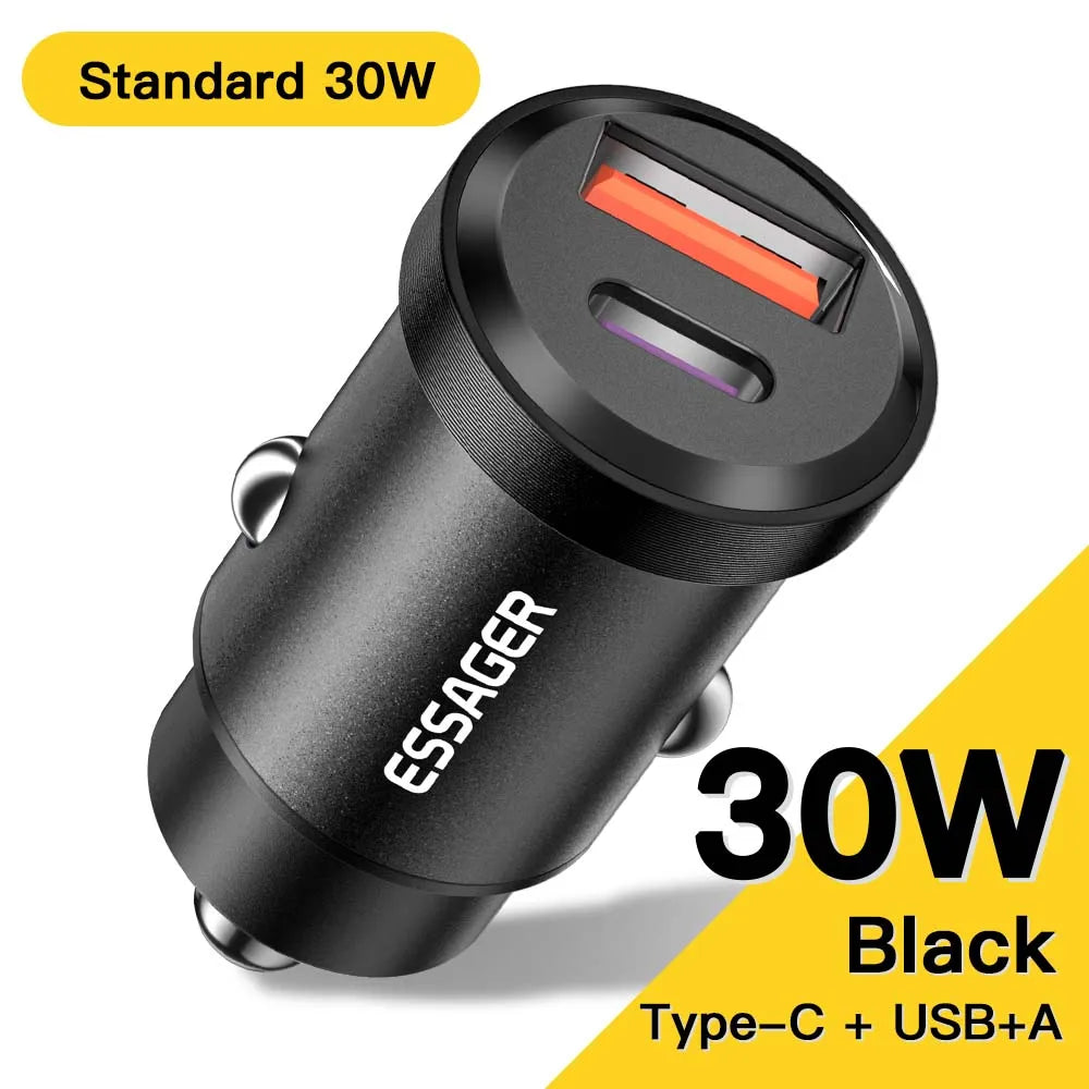 شاحن سيارة Essager USB 30 وات، شحن سريع 4.0، QC PD 3.0 SCP 5A، USB Type C، شحن سريع للسيارة، مناسب لأجهزة iPhone 14 13، Huawei، Samsung، Xiaomi