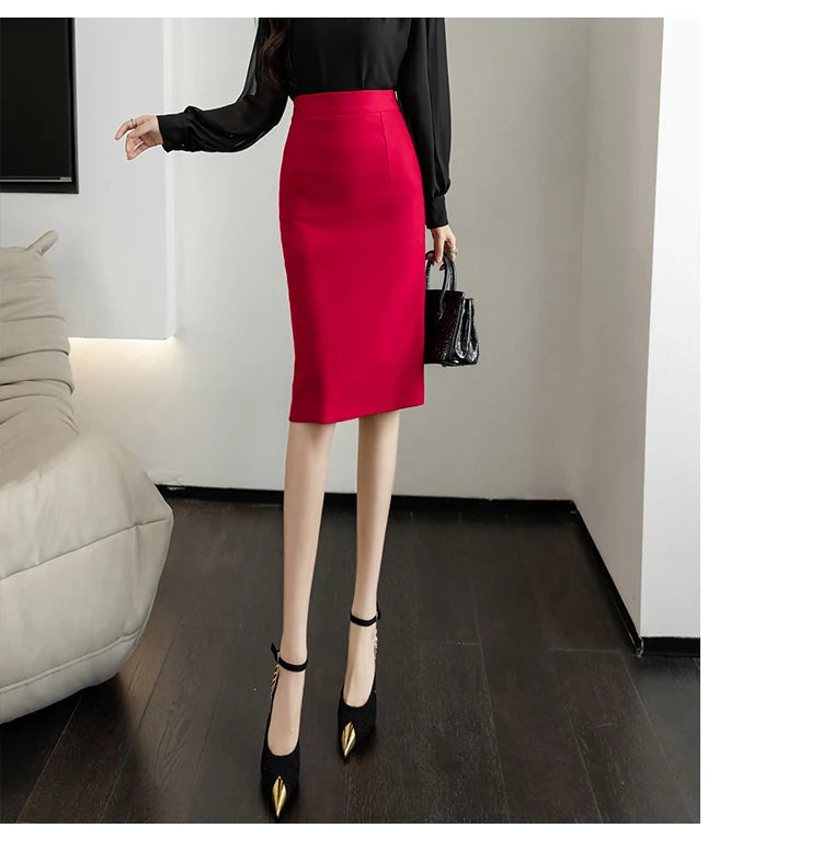 Classic Vintage Gray Red Stretch Pencil Skirts For Women Office Lady Formal Black Midi Skirts Elegant Female Package Hip Skirts