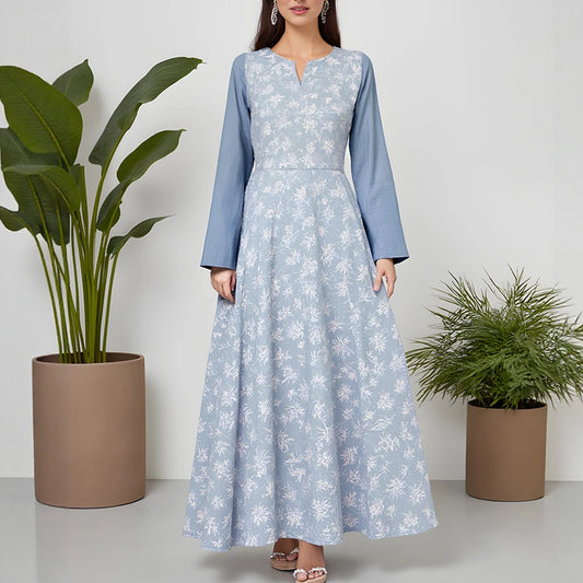 Rafiah Summer Dresses 2025 Women's Elegant Full Print Patchwork Long Sleeve Split Neck Midi A-Line Basics Arabian Dress