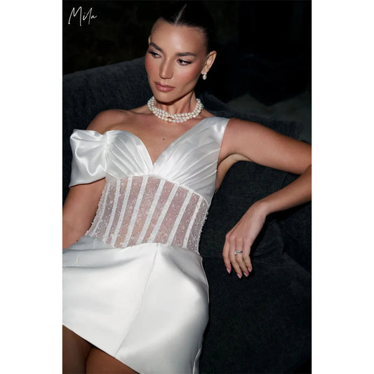 Mila One Shoulder Mini Wedding Party Dresses Beading Lace Elegant Customized Evening Dresses White Zip Satin vestidos de fiesta