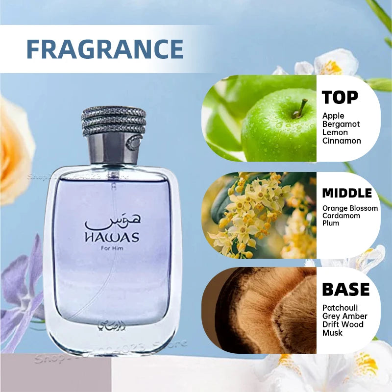 100ML Rasasi Hawas For Him EDP Long-Lasting Aquatic Scent Pour Homme Spray Original Arabic Perfume For Men Marine Aromatic Notes