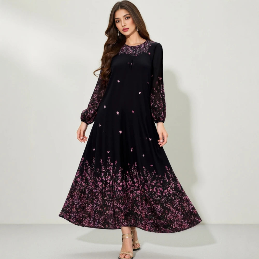 Rafiah Women's Fall Black Sequined Long Sleeve Maxi Dress with Polka Dots Elegant Evening Gown for Special Occasions