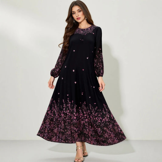 Rafiah Women's Fall Black Sequined Long Sleeve Maxi Dress with Polka Dots Elegant Evening Gown for Special Occasions