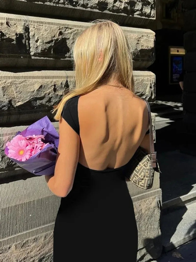 Women Solid Sexy Backless Maxi Dress Women Elegant Elastic Slim Short Sleeve Long Dresses Female Bodycon Streetwear Clothing