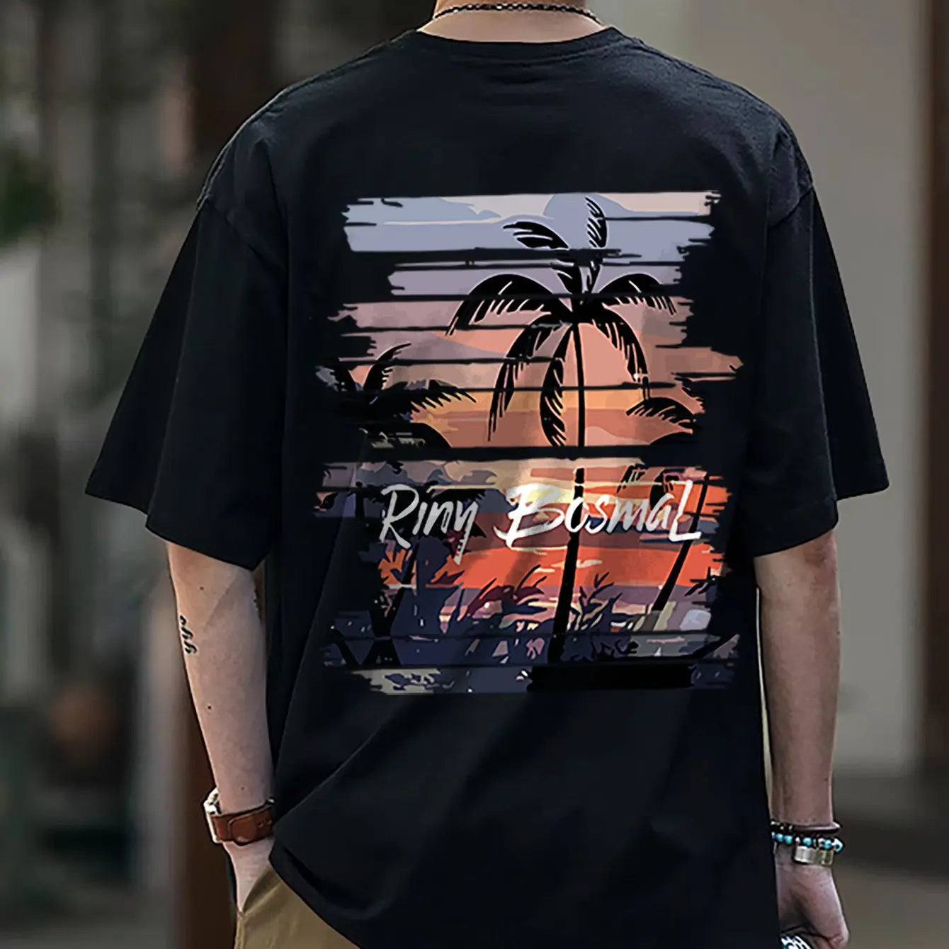 Men's 100% Cotton Casual Palm Tree Printed Short Sleeve T-Shirt