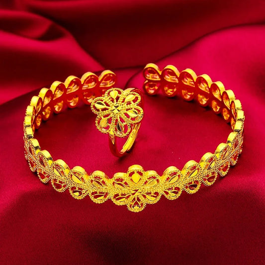 9999 Real Gold 24K Real Gold Bracelet and Ring Set for Women, Leaf Vine Man Style Bracelet, Ring, Gold Jewelry Gift