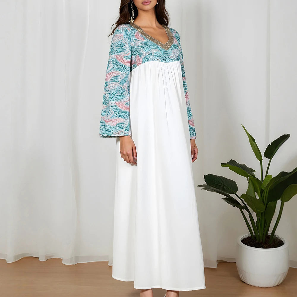 Rafiah Women's Dresses Summer Comfortable Elegant 2025 Decent Long Sleeve V-Neck A-Line Midi Vacation Long Dresses
