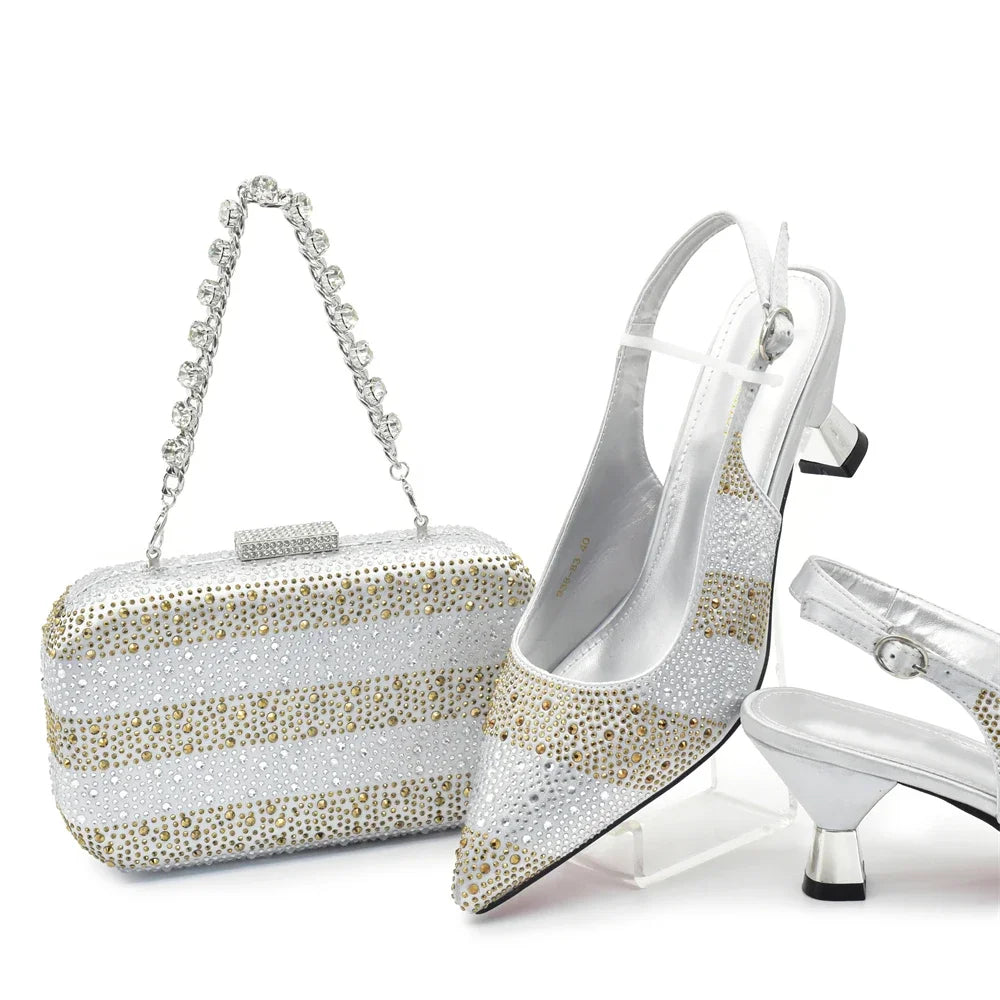 African Shoe and Bags Set for Wedding Women Shoes and Bags To Match Set with Rhinestone Italy Lady Pumps Women Shoes Luxury