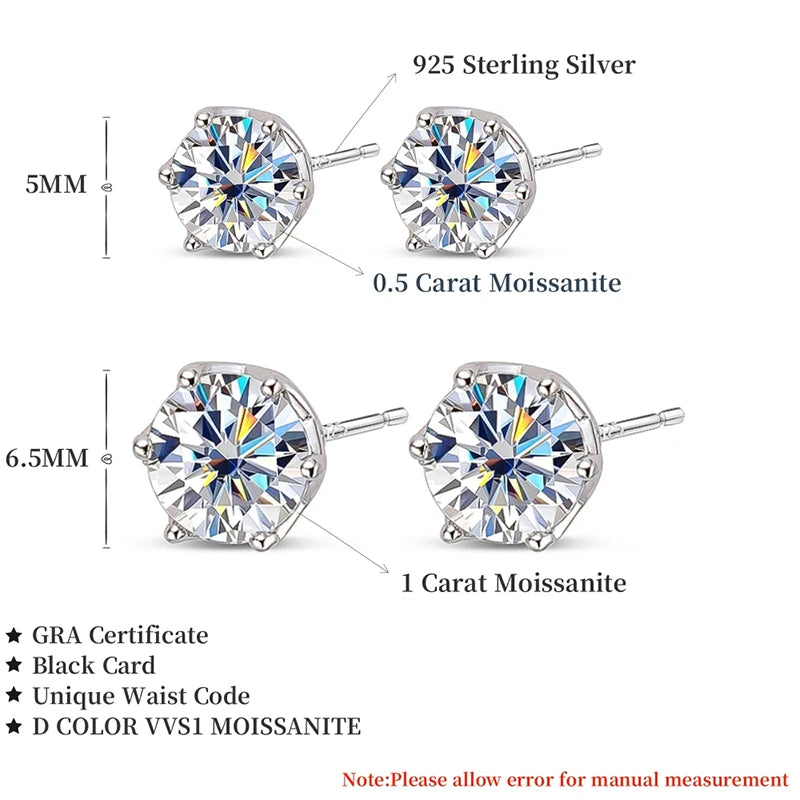 JoyceJelly 1/2/4CT VVS D Color Moissanite Russian Cut 8H8A Lab Diamond Stud Earrings For Women S925 Sterling Silver Fine Jewelry