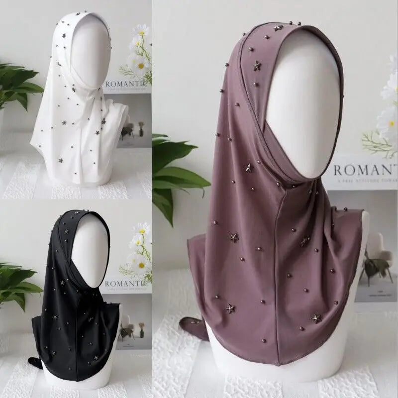 Muslim Women Mesh Beaded Hijab Instant Scarf Cap Islamic Headwraps One Piece Amira Malaysian Headwear Arab Shawls Scarves