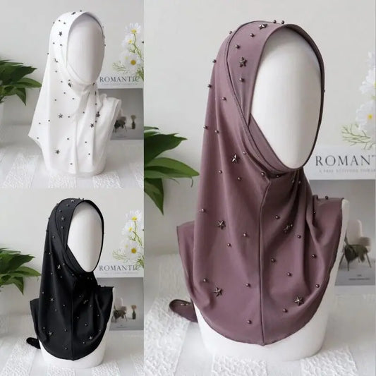 Muslim Women Mesh Beaded Hijab Instant Scarf Cap Islamic Headwraps One Piece Amira Malaysian Headwear Arab Shawls Scarves