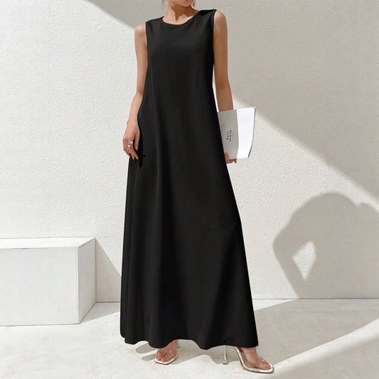 Rafiah Ramadan Women's Solid Color Dress with Round Neck Sleeveless Loose Fit in Casual Arabic Style 2025 Arabian Long Dress