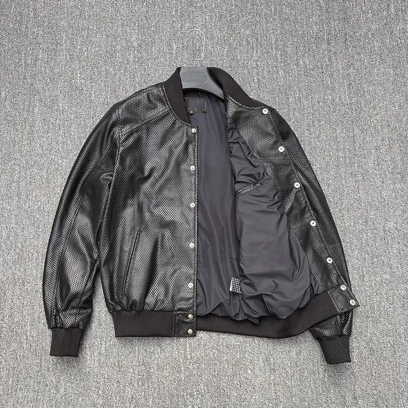 Spring Mens Genuine Leather Coat Breathable Single Breasted Stand Collar Loose Fit Bomber Jacket Real Sheepskin Casual Outerwear