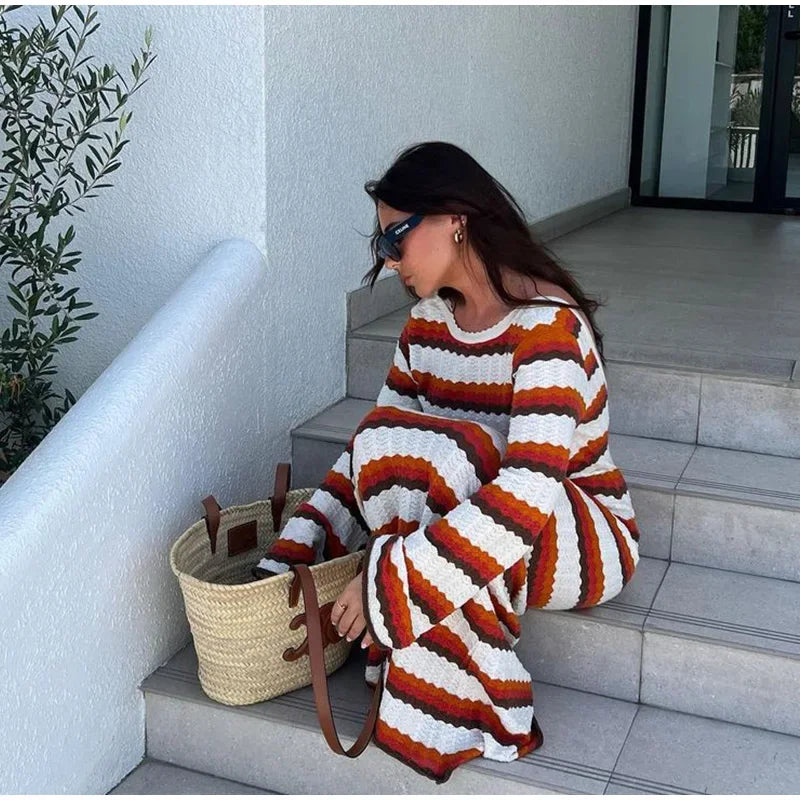 Tossy Striped Contrast Knit Maxi Dress Women Hollow Out Long Sleeve Cover up Summer Loose Ladies Dress High Waist Fashion Dress
