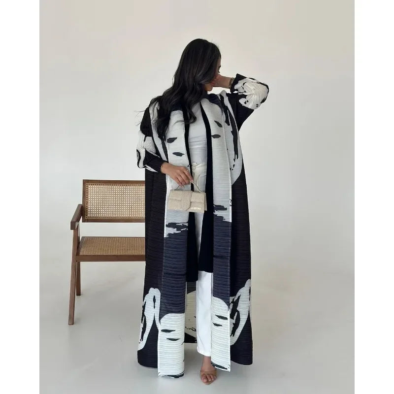 KAF Pleated Women Abaya 2025 Spring Fall New Fashion Retro Printed Cardigan Design Loose Large Size Arab Luxury Robe Female