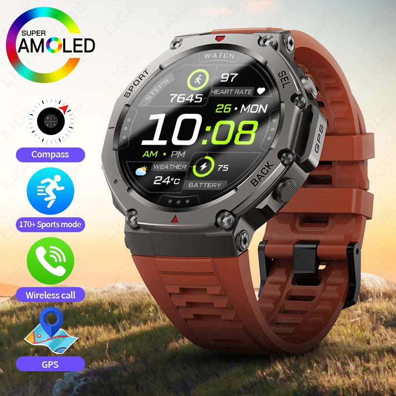 LIGE Fashion Smart Watch Bulit-in GPS Compass Altimeter Barometric 5ATM Waterproof AMOLED Screen Bluetooth Call Sport Smartwatch