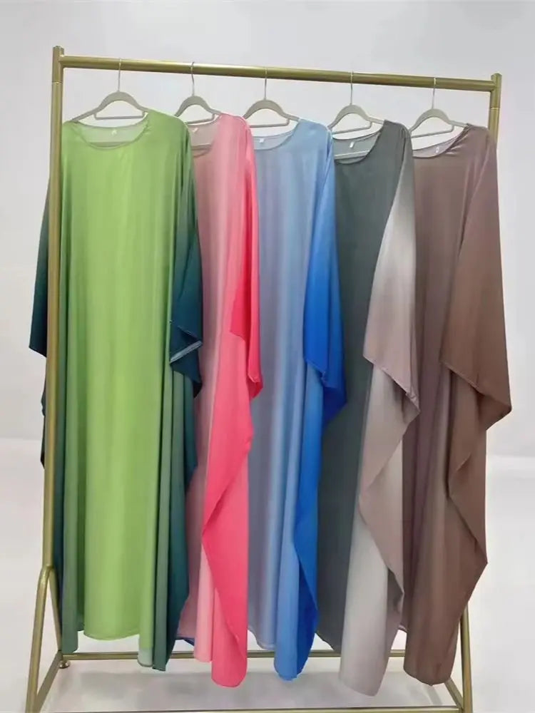Gradient Color Shiny Batwing Satin Maxi Abaya Dubai Luxury 2024 Abayas For Women Muslim Kaftan Dress Islam Caftan Marocain Femme
