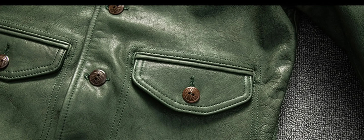 Cossack Green Fruit Leading Layer Mixed Sheepskin Leather Jacket Men's Slim Fit Leather Jacket Autumn and Winter Coat