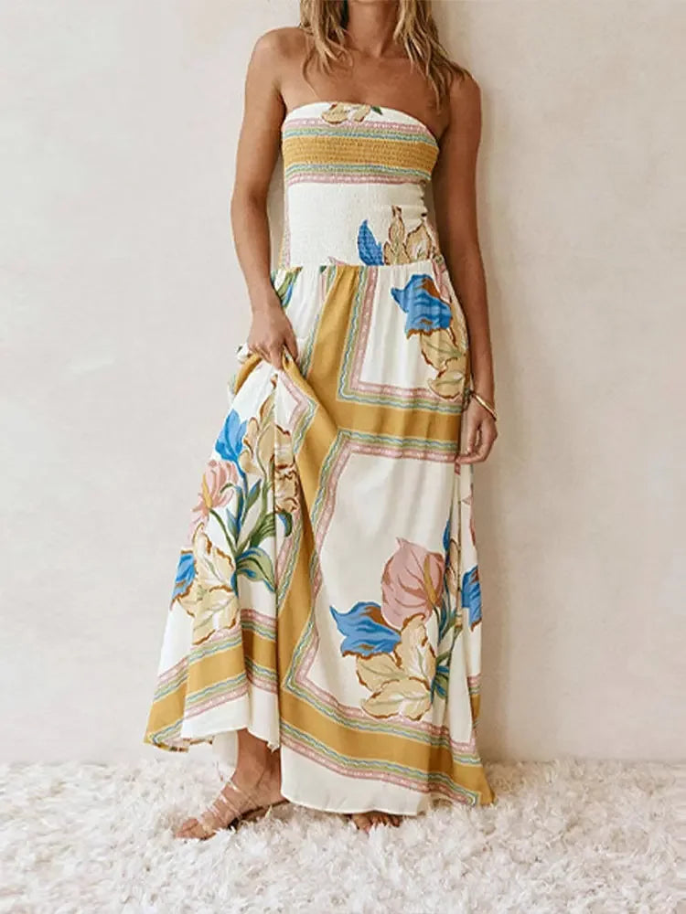 Strapless Floor Dress – Elastic High Waist Pleated -Summer  Edition