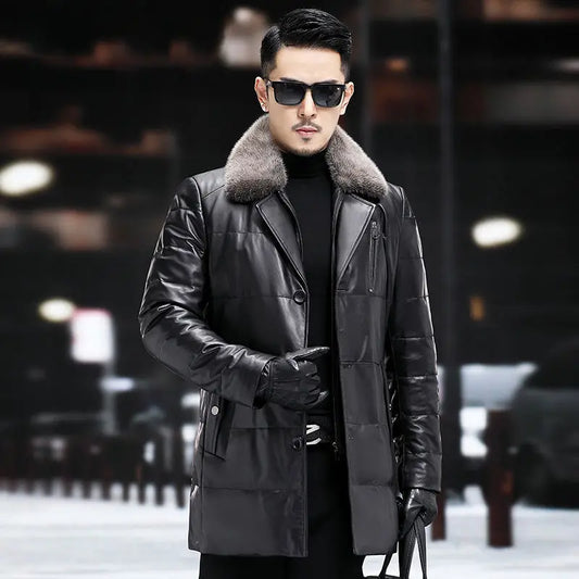 Men's Leather Jacket, Mid-Length, Lapel, Single Breasted Down Jacket, Mink Collar, Sheepkin, Thick Coat, Autumn and Winter