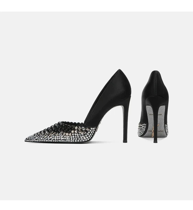 Black Rhinestone High Heels Women's New Summer Style  Socialite Small Stature Thin Heels  Pointed And Sexy Women's Shoes