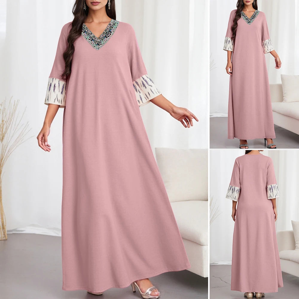 Rafiah Summer Arabian Dress 2025 Women's Decent Print Binding Short Sleeve V-Neck A-Line Daily Basic Midi Dress