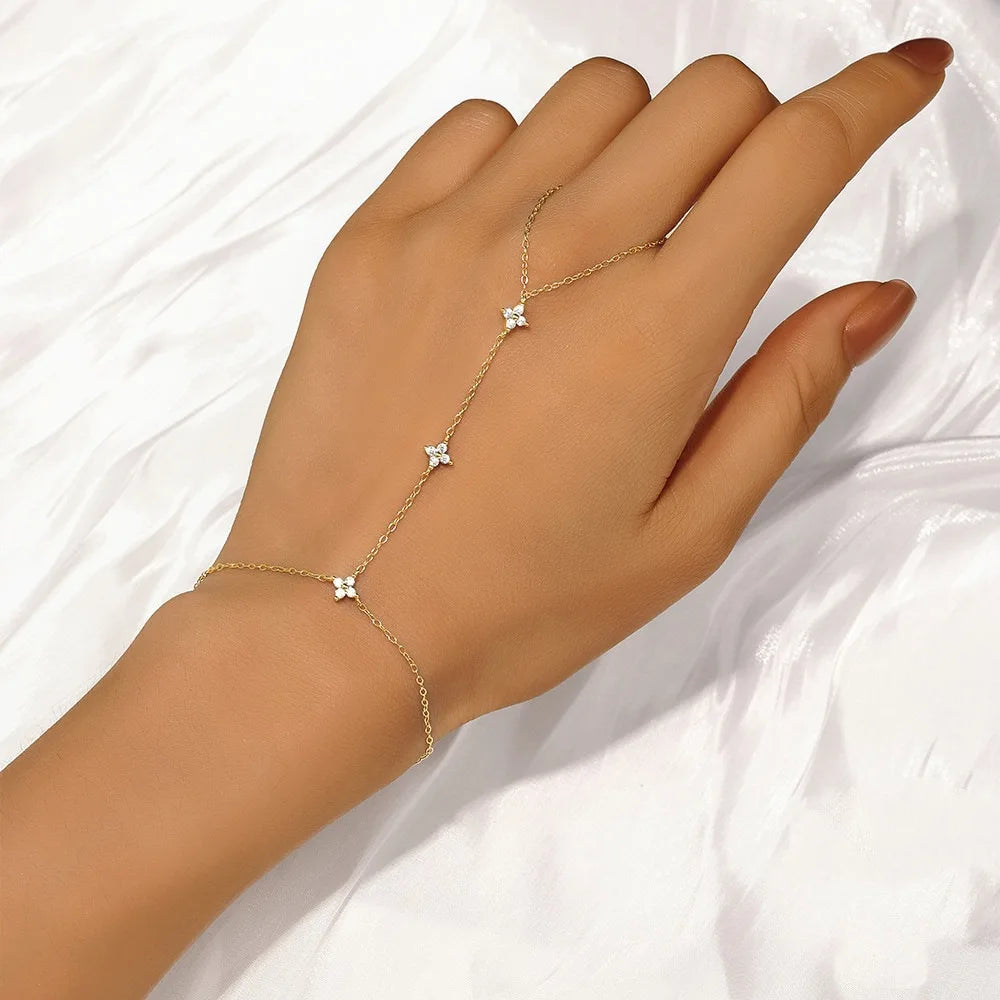 Lnngy Certified Moissanite Bracelet With Ring 925 Sterling Silver Four Leaf Flower Finger Bracelet For Women Hand Chain Jewelry