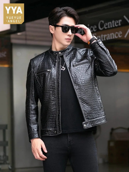 Males Luxury Natural Sheepskin Crocodile Pattern Jacket Stand Collar Slim Fit Straight Autumn Genuine Leather Motorcycle Jackets