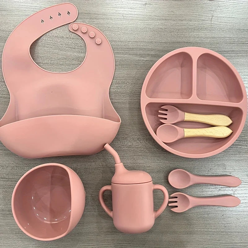 Silicone Baby Feeding Set Microwave Oven Safe for 0-3 Years Includes Suction Plate Soft Bowl Spoons Forks Bib Snack Cup