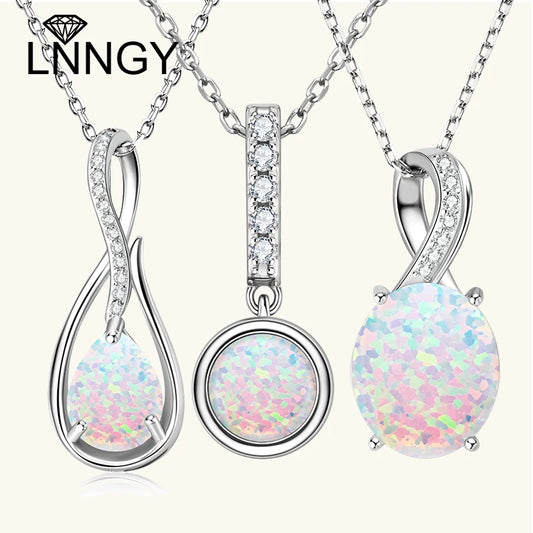 Lnngy 925 Certified Silver Chains Necklace Oval/Round/Marqusie Pear Cut White Opal Pendant Necklaces for Women Collar Mujer