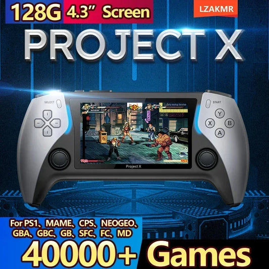NEW Project X Portable Pocket Video Game Console 128G 40000+ Games 4.3” IPS Screen Support PS1 Retro Gaming Dual Speaker Stereo