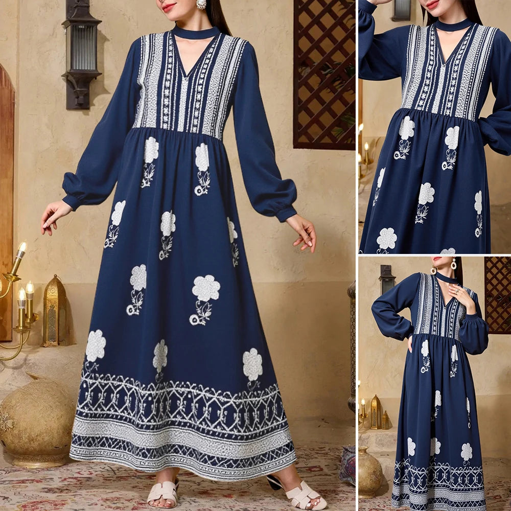 Rafiah Women's Dresses Autumn Winter Elegant Decent 2025 Printing Long Sleeve V-Neck Midi A Line Casual Dresses