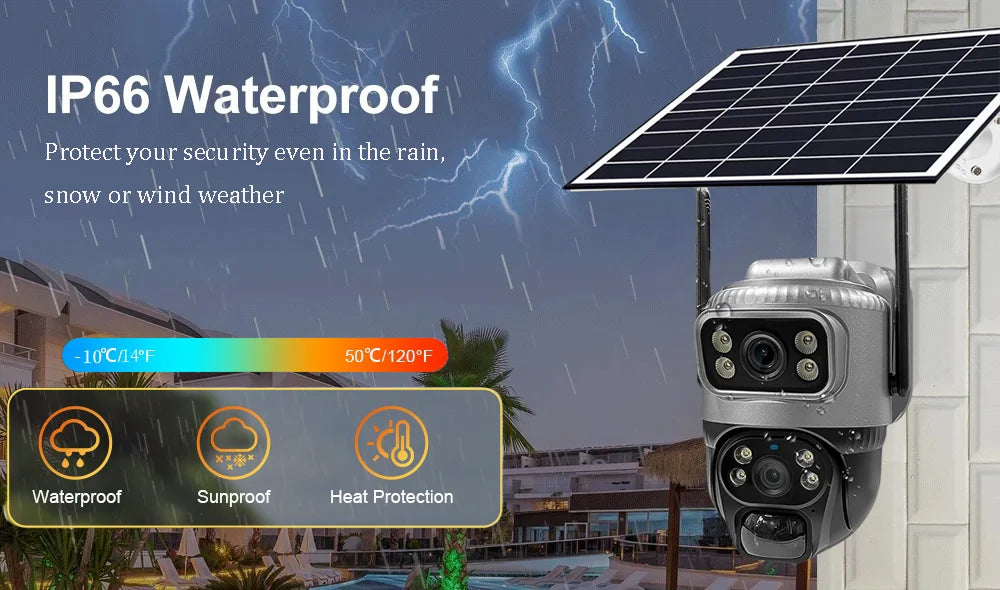4G Solar Camera Outdoor Dual Lens PTZ Low Powered CCTV Video V380 Cameras PIR Motion Detect Security Protection Surveillance Cam
