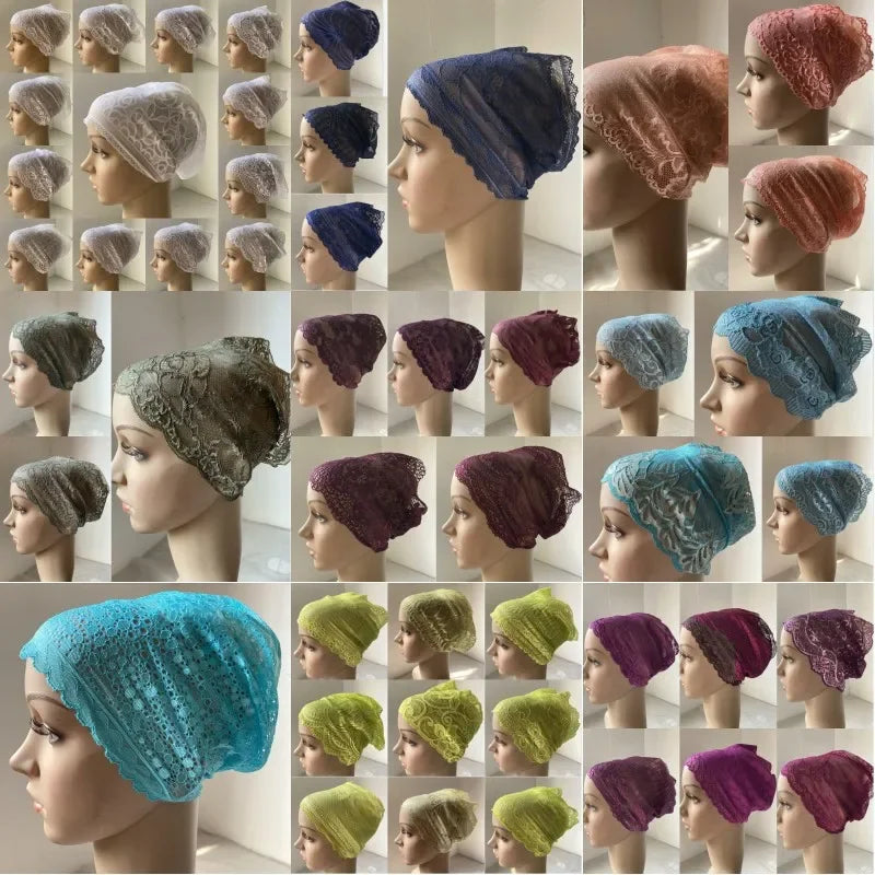 Full Cover Head Inner Cap Flower Lace Muslim Headscarf Islamic Headwear Underscarf Turban Indian Hat Pattern In Random